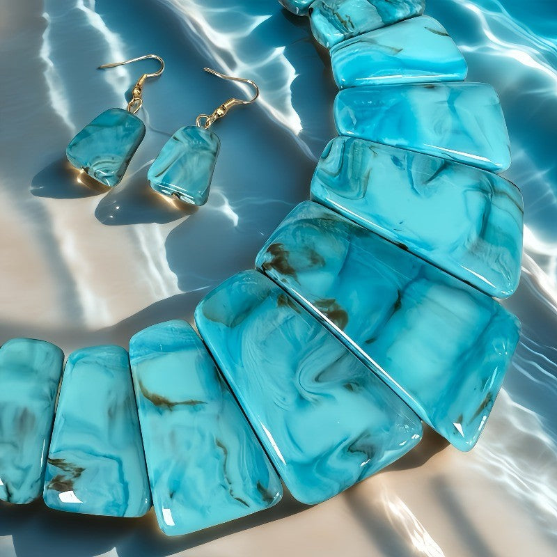 Boho Blue Marbled Resin Necklace & Earring Set