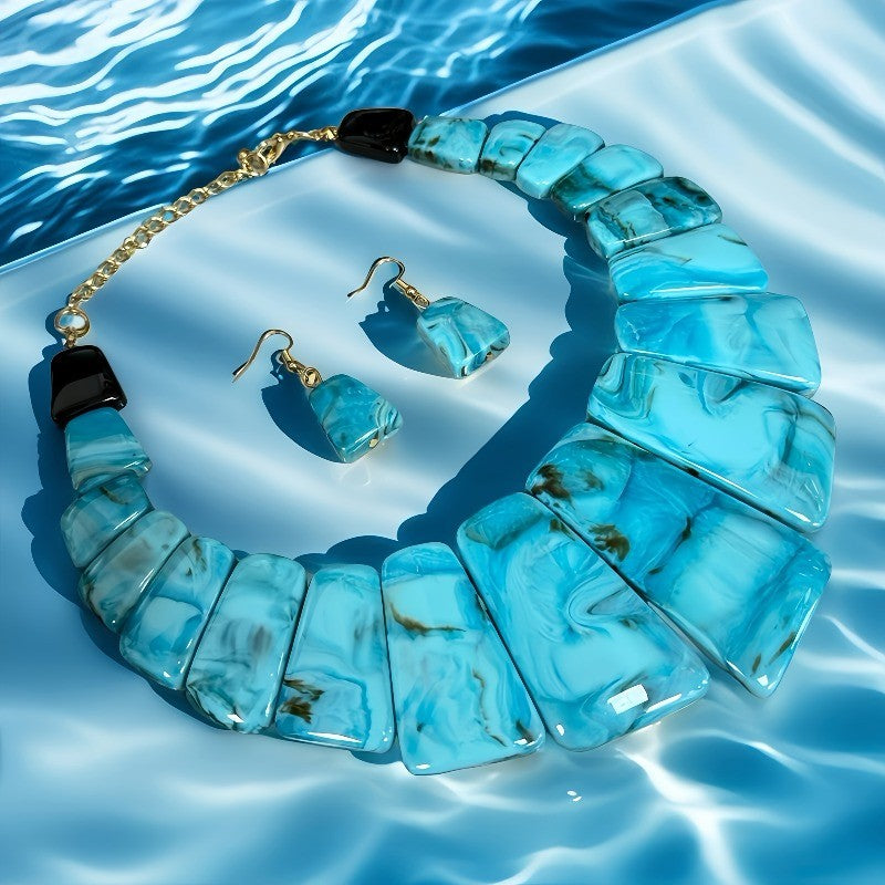 Boho Blue Marbled Resin Necklace & Earring Set