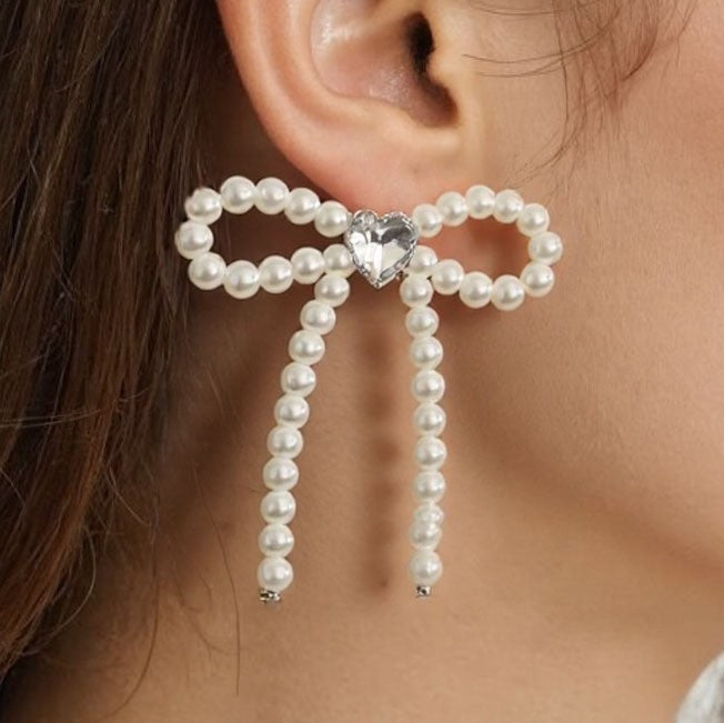 Romantic Pink Pearl Bow Earrings