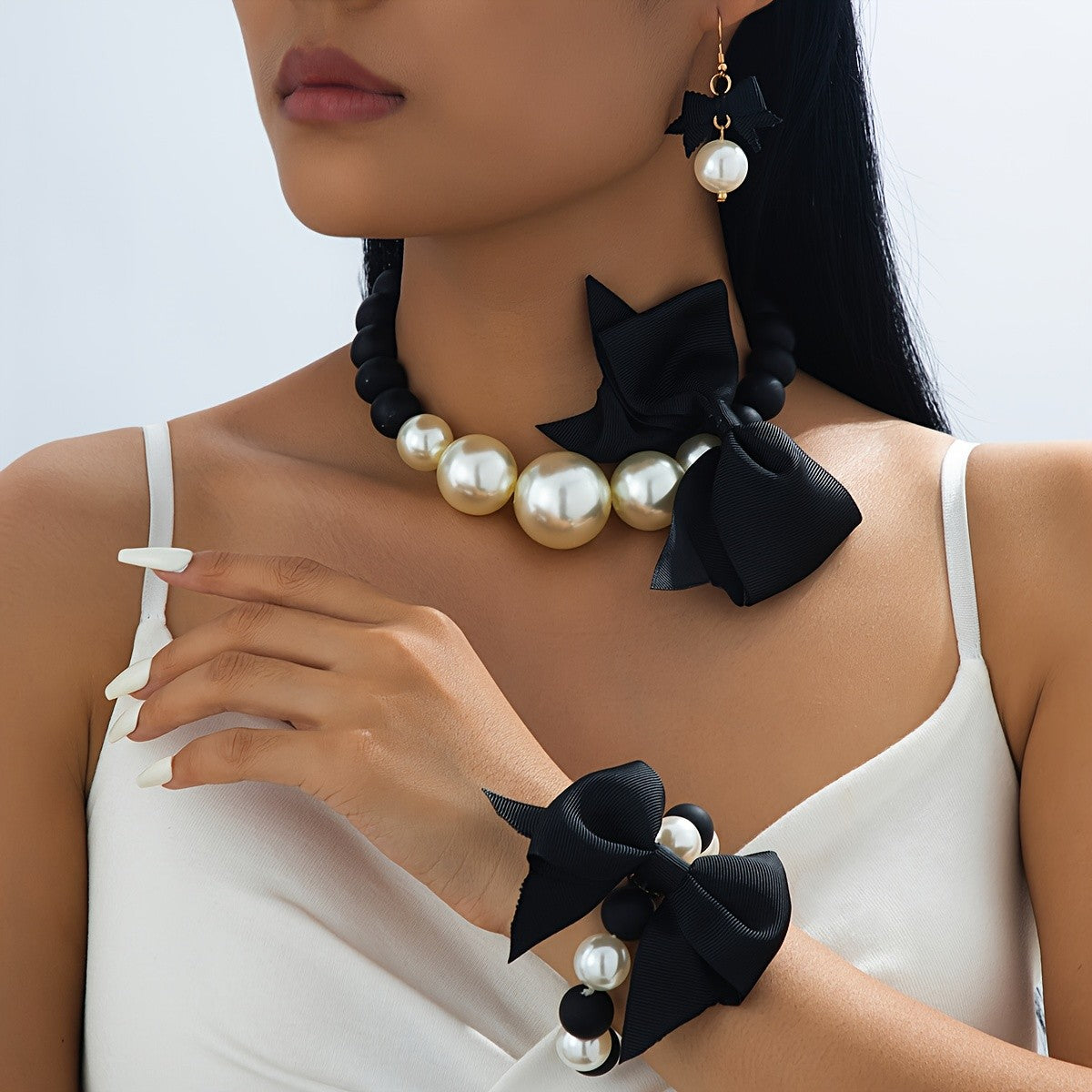 Classy Black Bow Pearl Necklace, Bracelet & Earring Set