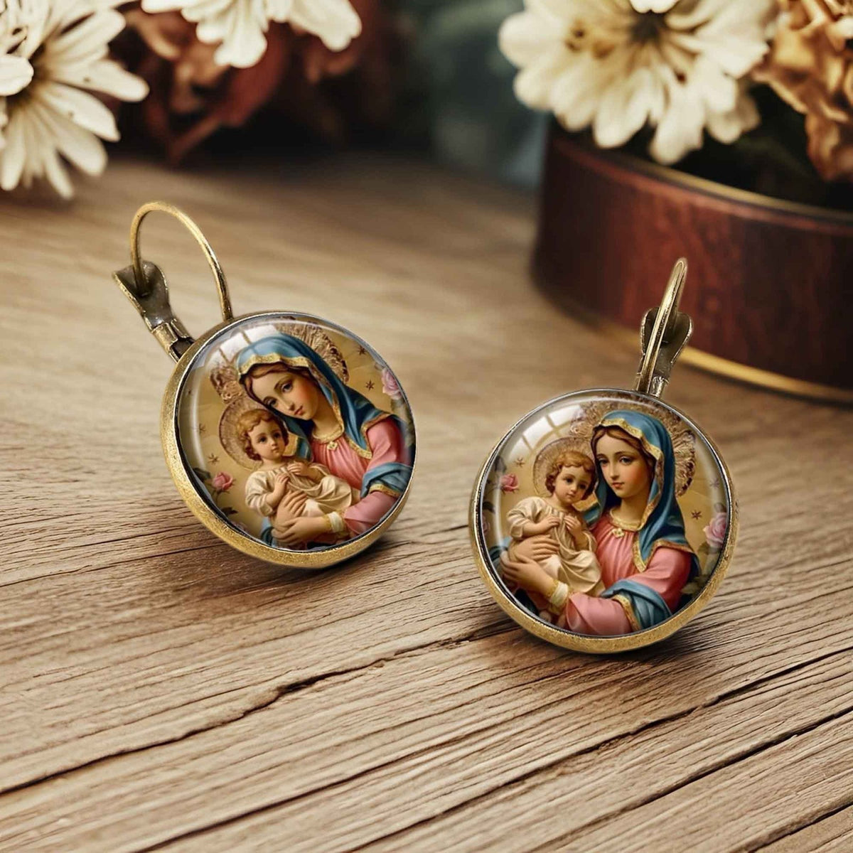 Vintage Virgin Mary Round Earrings