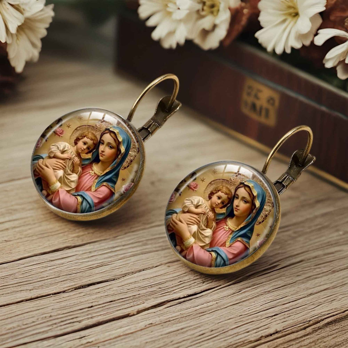 Vintage Virgin Mary Round Earrings