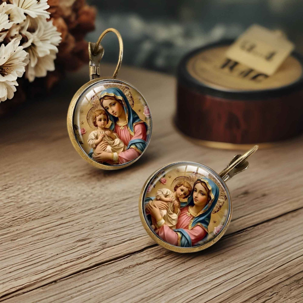 Vintage Virgin Mary Round Earrings