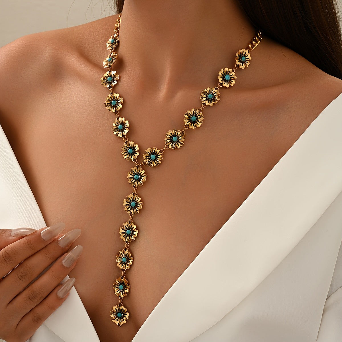 Boho Vintage Turquoise Flower Y-Necklace