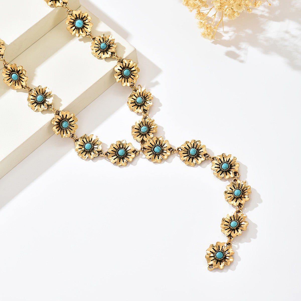Boho Vintage Turquoise Flower Y-Necklace