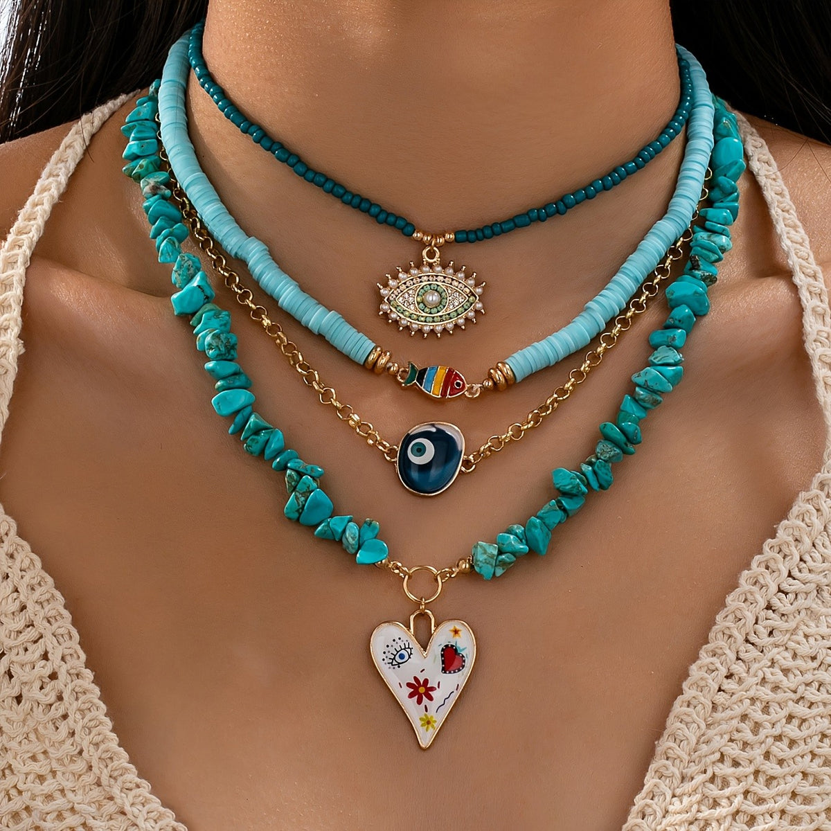 Boho Layered Turquoise Evil Eye & Fish Necklace