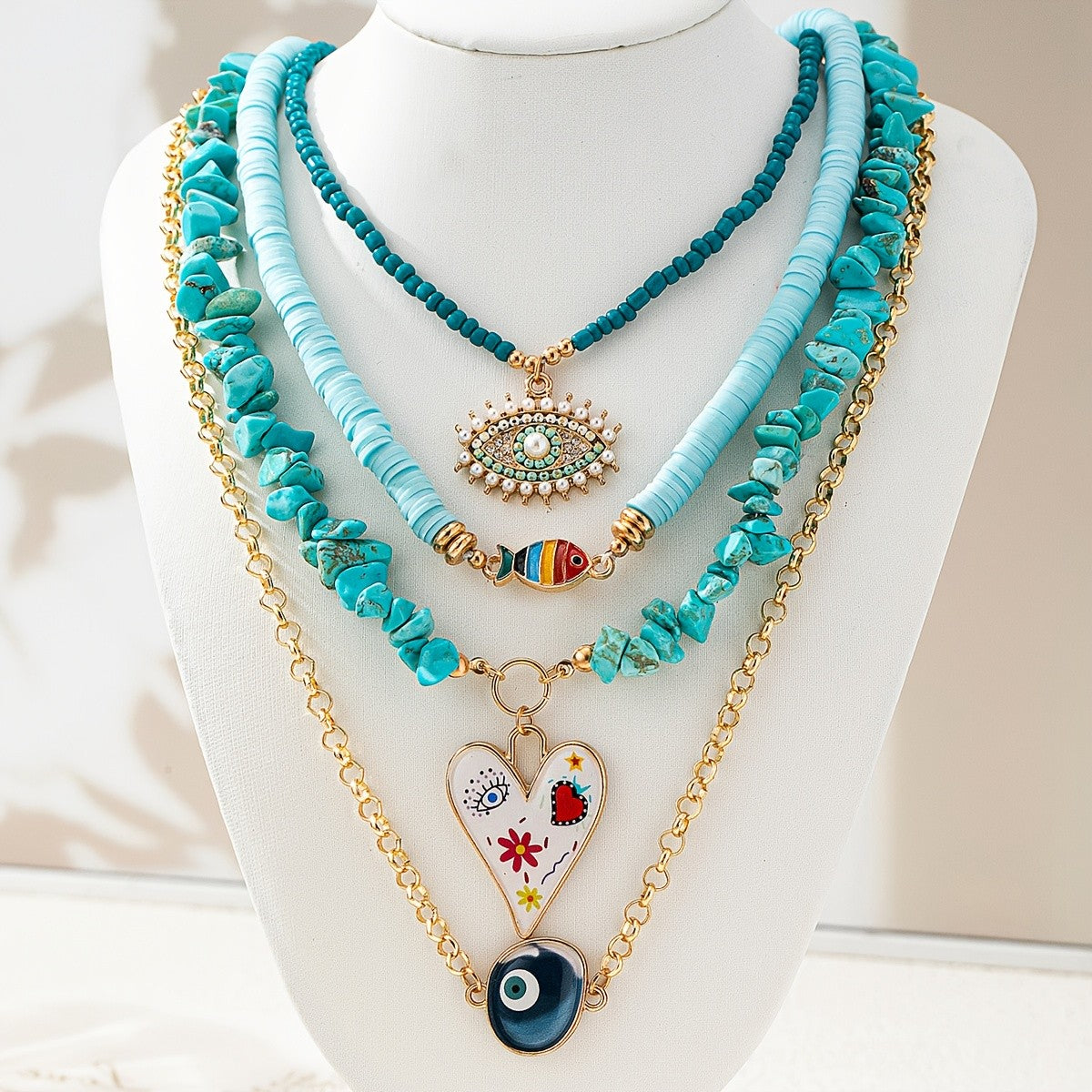 Boho Layered Turquoise Evil Eye & Fish Necklace