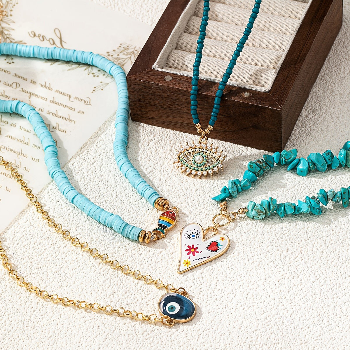 Boho Layered Turquoise Evil Eye & Fish Necklace