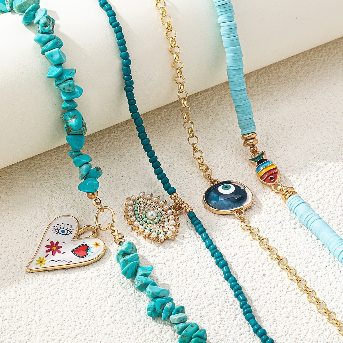 Boho Layered Turquoise Evil Eye & Fish Necklace