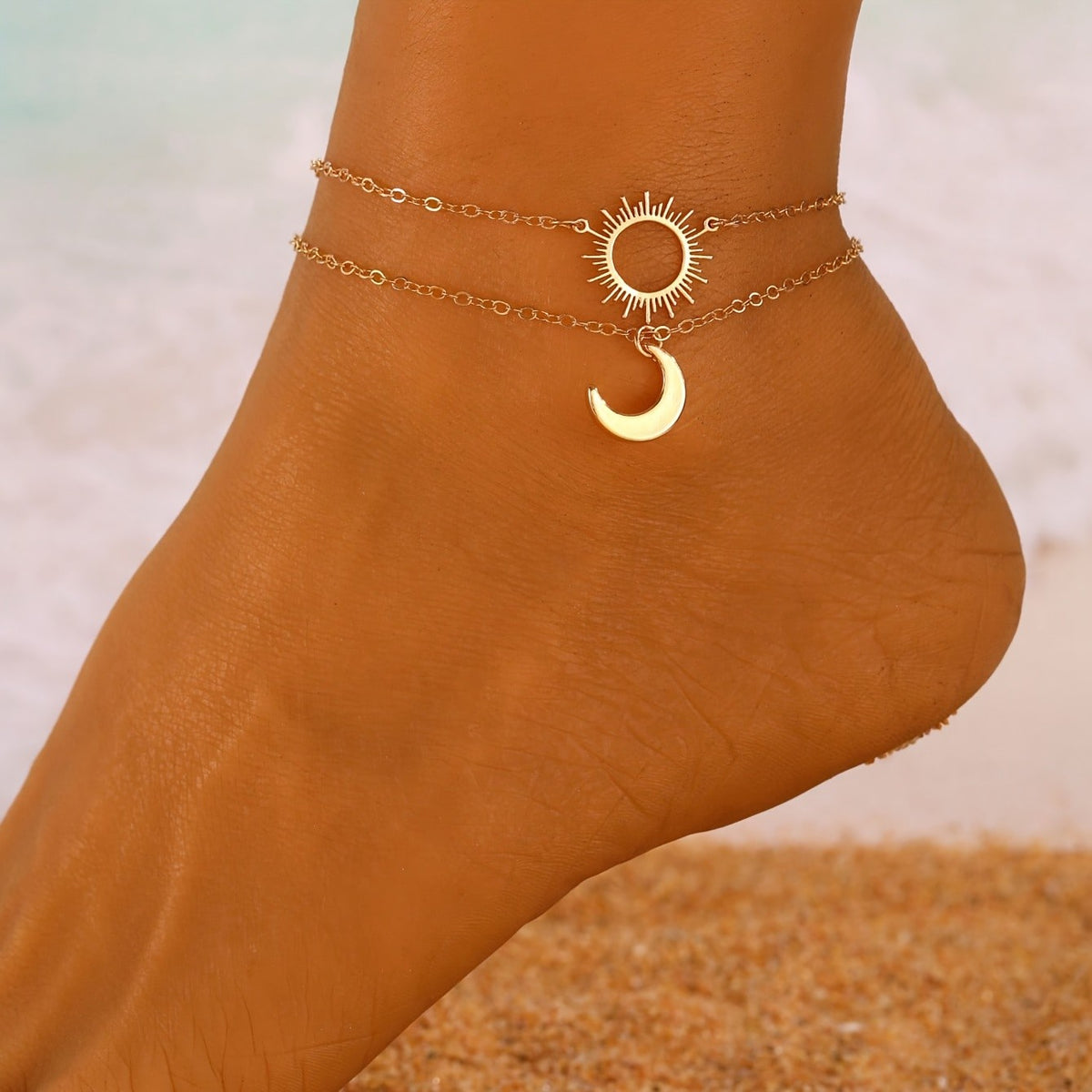 Dainty Sun Moon Layered Anklet