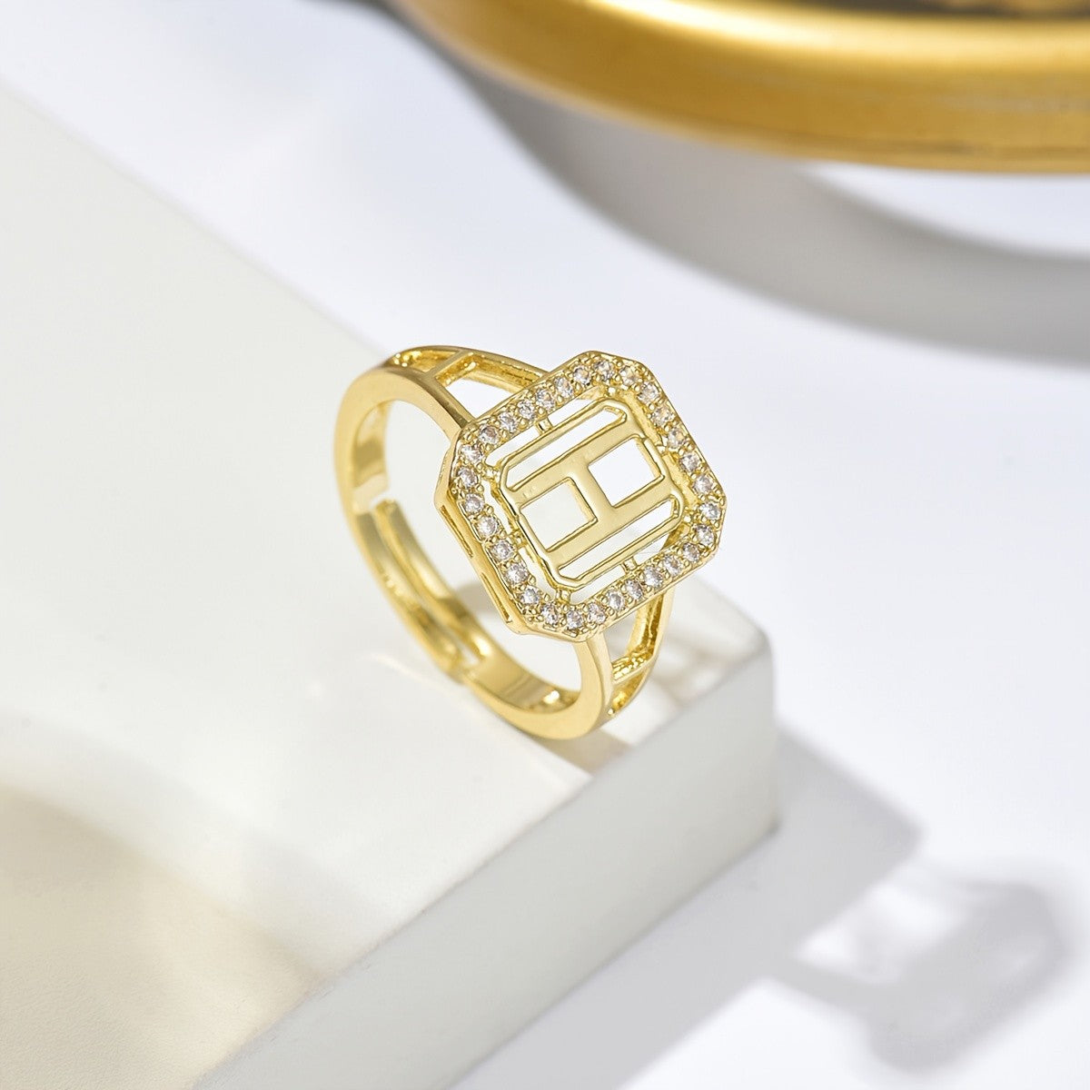 Classy Square Zircon Initial Ring
