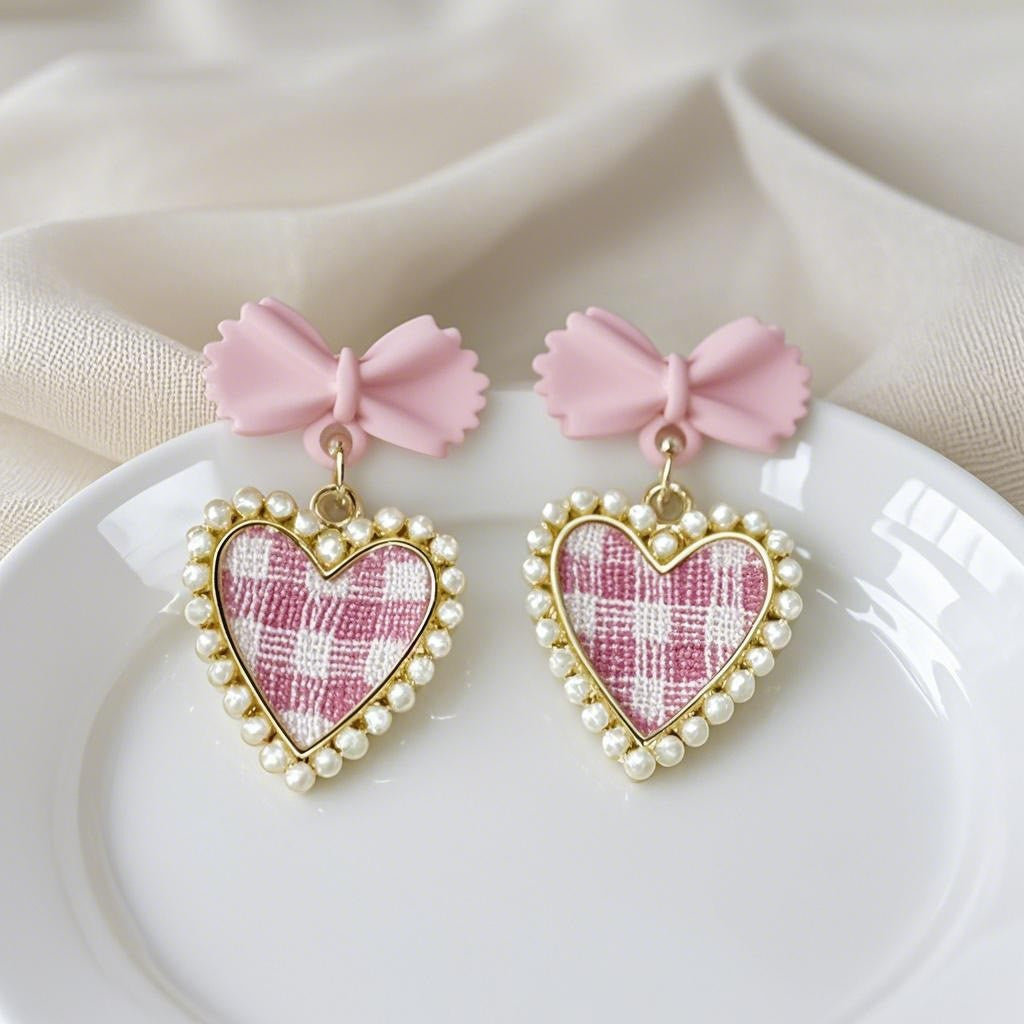 Romantic Plaid Heart Bow Earrings