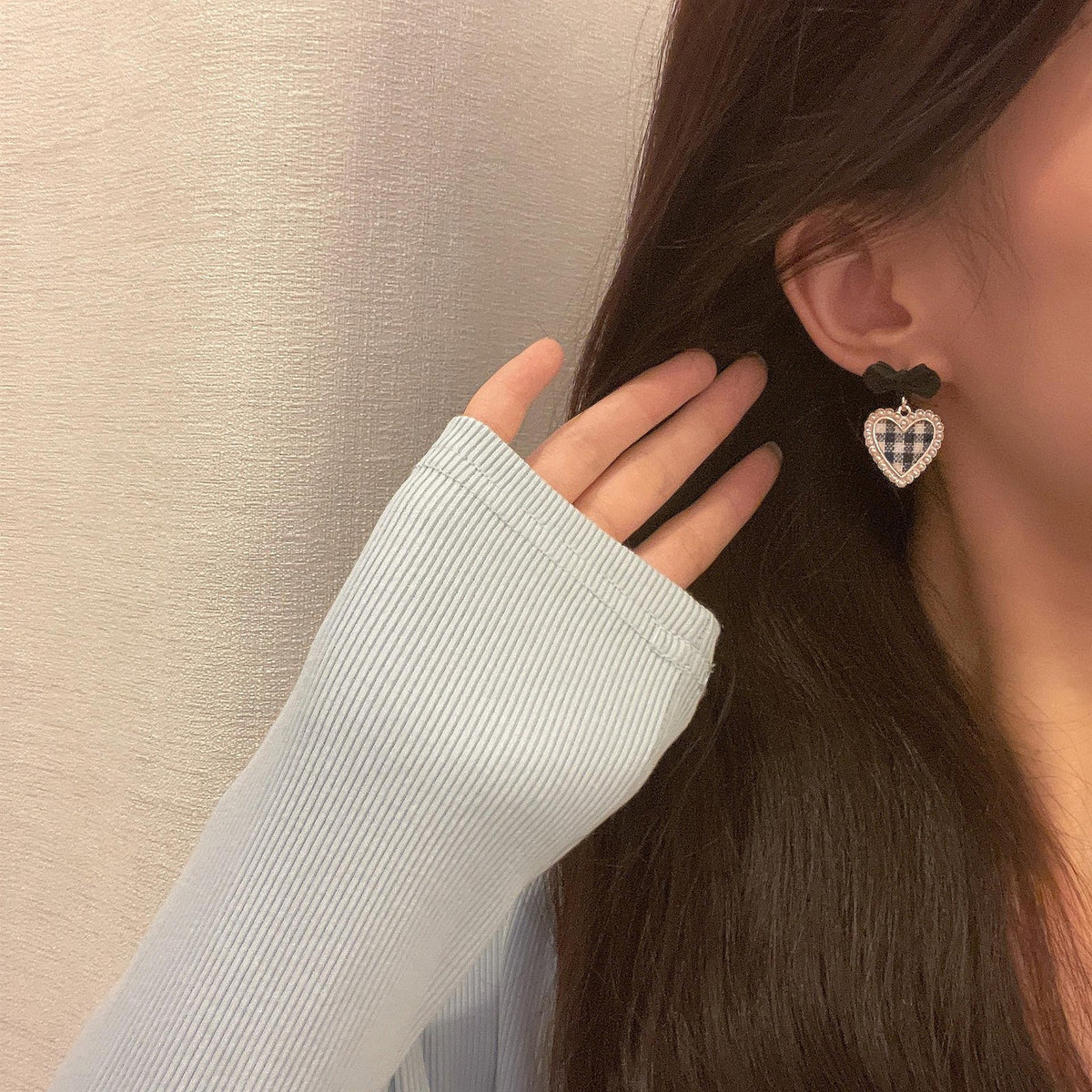 Romantic Plaid Heart Bow Earrings