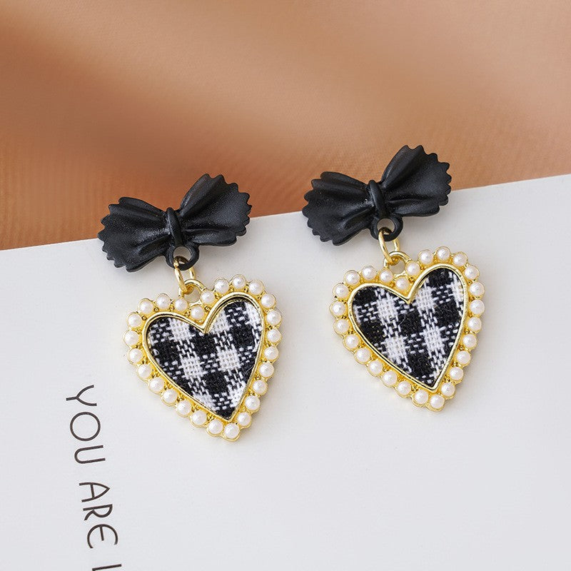 Romantic Plaid Heart Bow Earrings