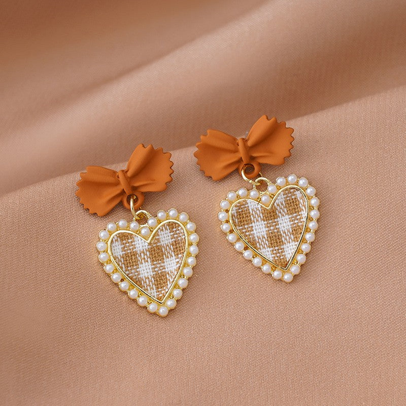 Romantic Plaid Heart Bow Earrings