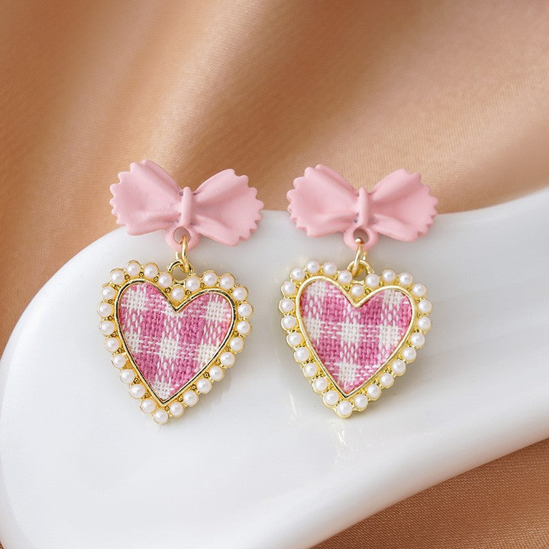 Romantic Plaid Heart Bow Earrings