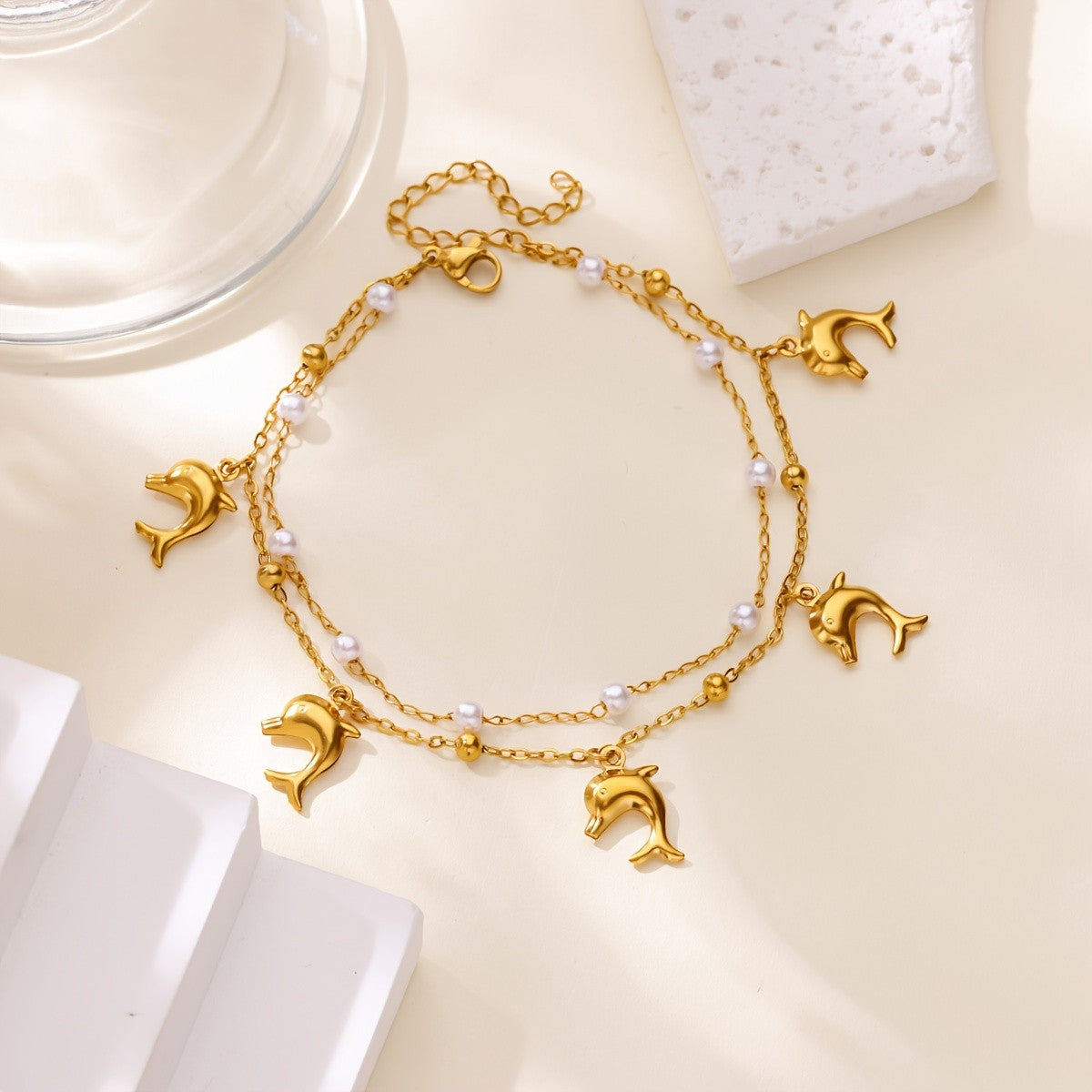 18k Boho Dolphin Pearl Anklet