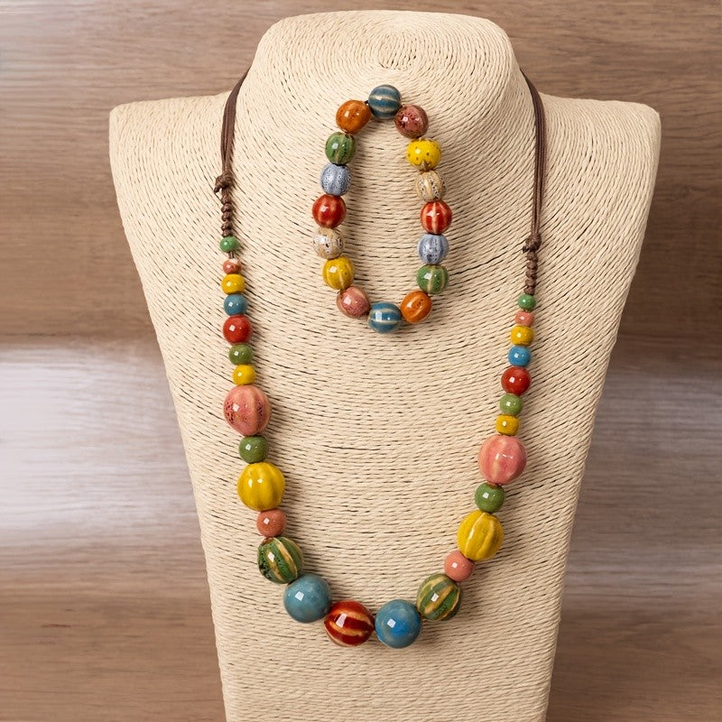 Boho Multicolor Ceramic Bead Necklace, Bracelet Set
