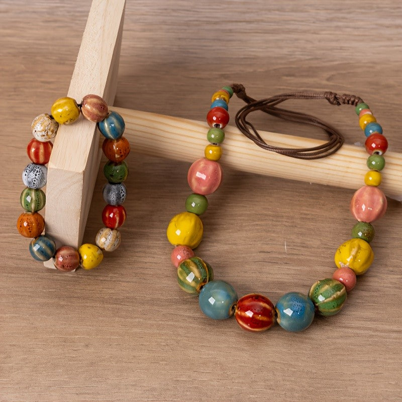 Boho Multicolor Ceramic Bead Necklace, Bracelet Set