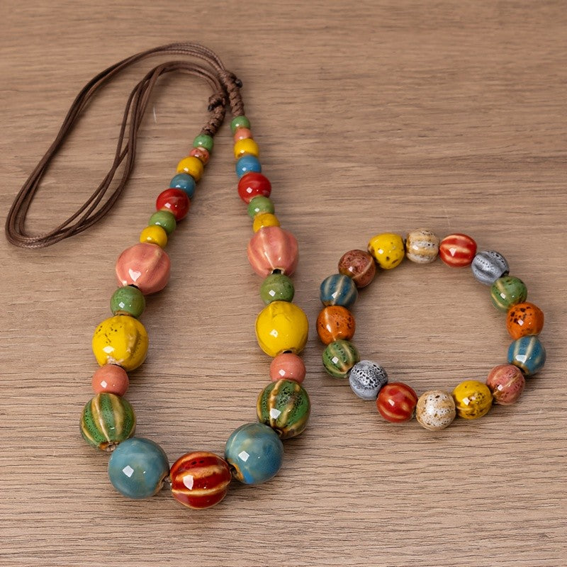 Boho Multicolor Ceramic Bead Necklace, Bracelet Set
