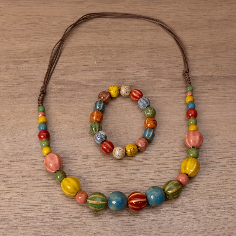 Boho Multicolor Ceramic Bead Necklace, Bracelet Set