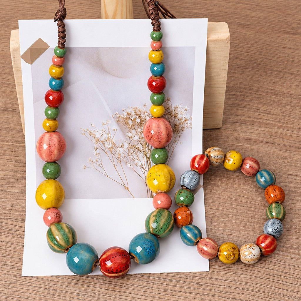 Boho Multicolor Ceramic Bead Necklace, Bracelet Set