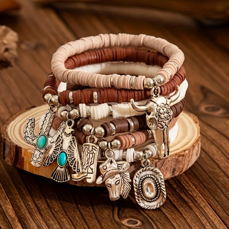 6pc Boho Western Clay Bead Bracelet Set