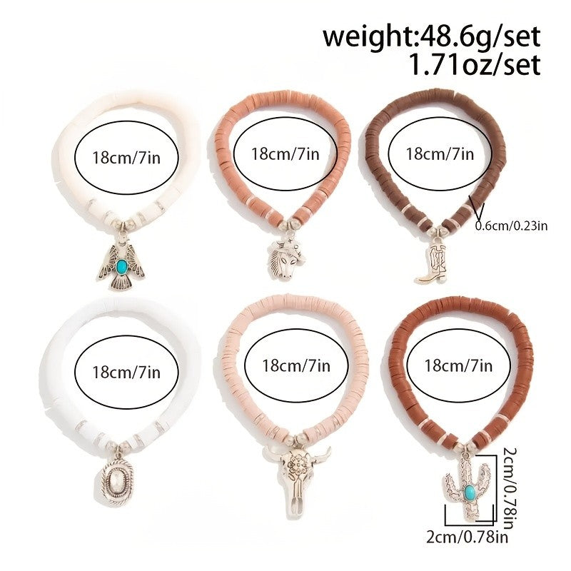 6pc Boho Western Clay Bead Bracelet Set