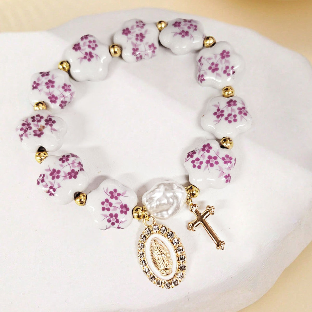 Elegant Blue Floral Virgin Mary Bracelet