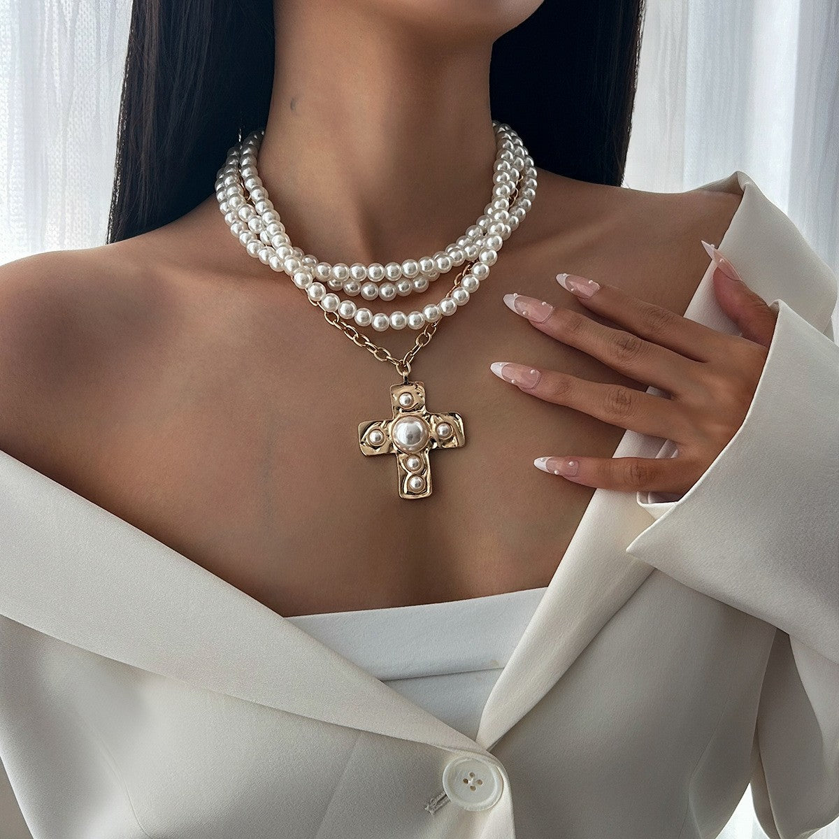 Elegant Layered Pearl Cross Necklace