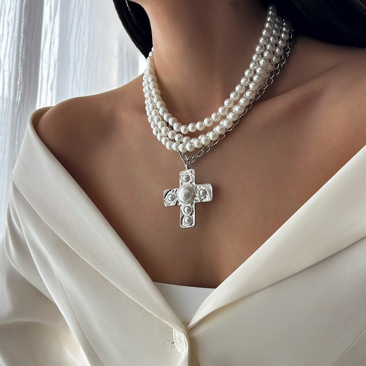 Elegant Layered Pearl Cross Necklace