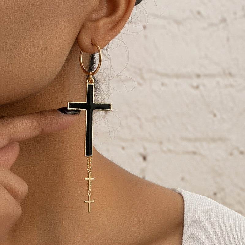 Elegant Black Cross Hoop Earrings