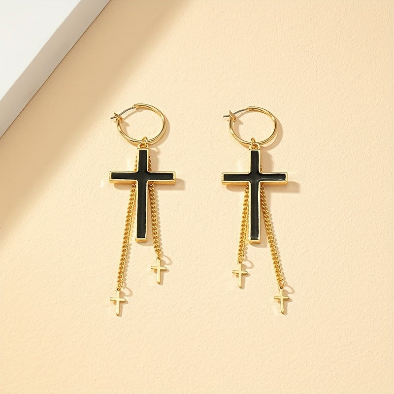 Elegant Black Cross Hoop Earrings