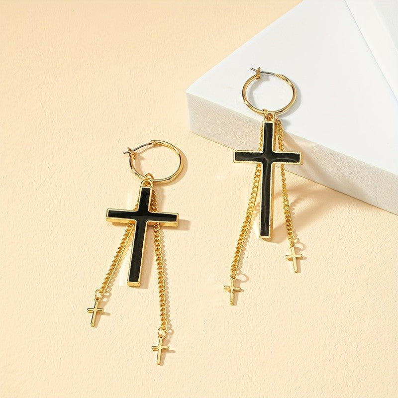 Elegant Black Cross Hoop Earrings