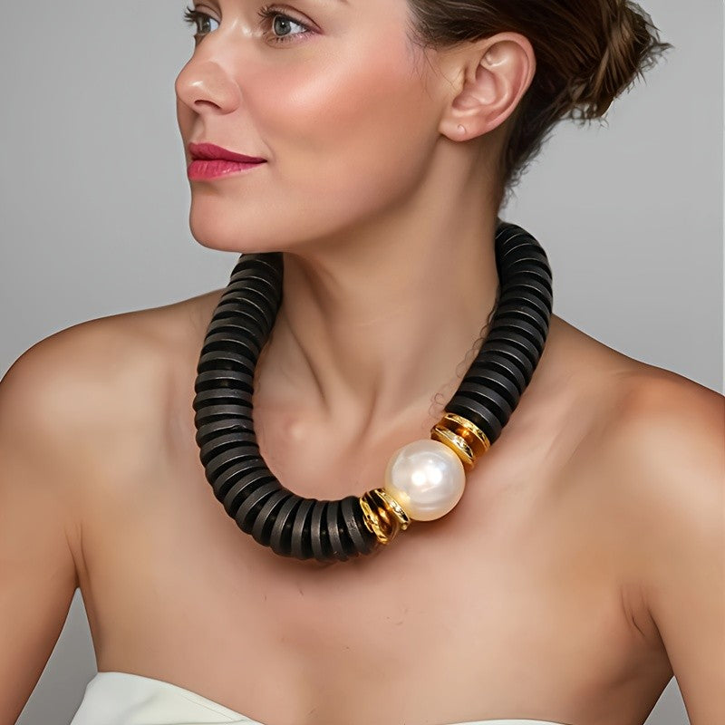 Vintage Faux Pearl Wood Collar Necklace