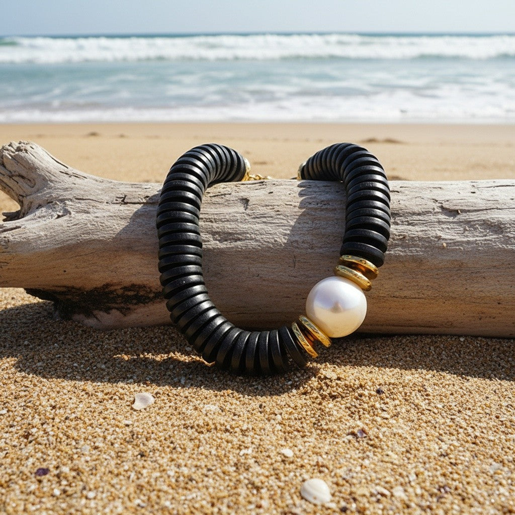 Vintage Faux Pearl Wood Collar Necklace