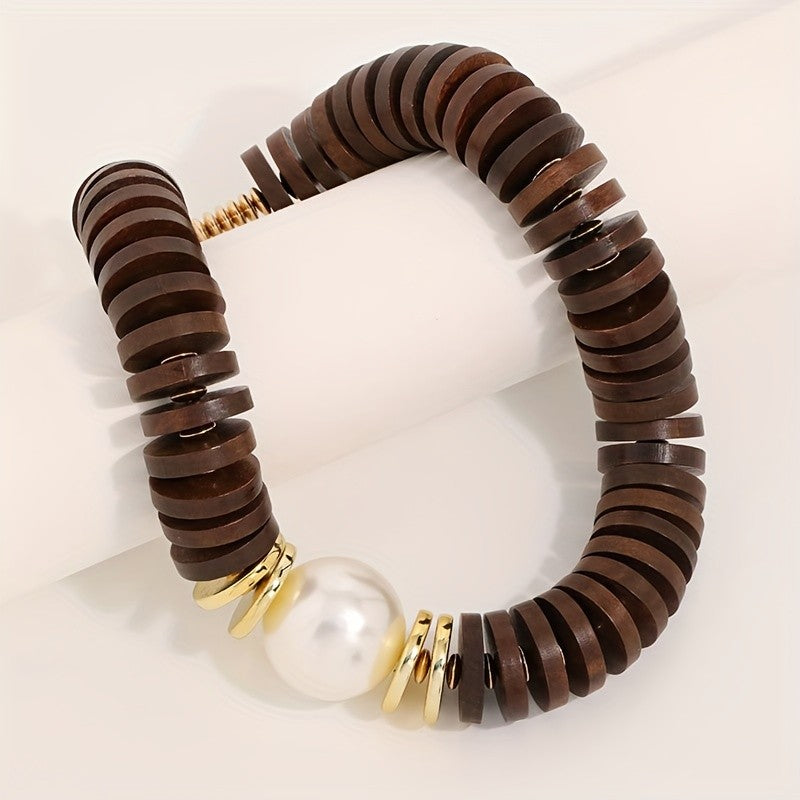 Vintage Faux Pearl Wood Collar Necklace