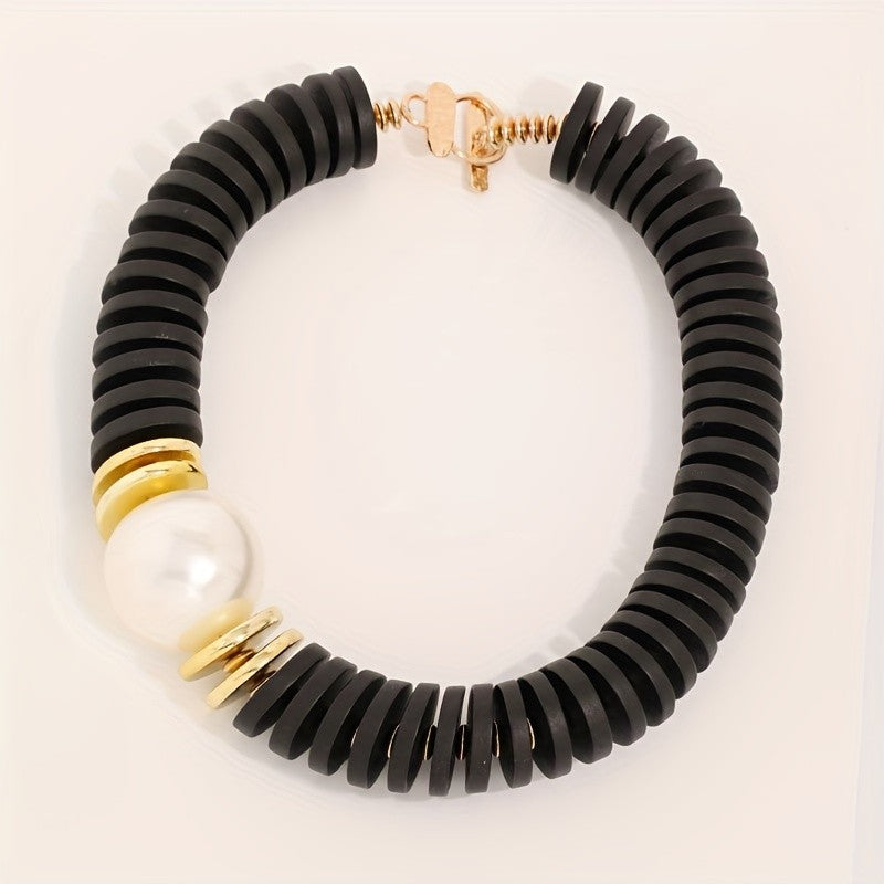Vintage Faux Pearl Wood Collar Necklace