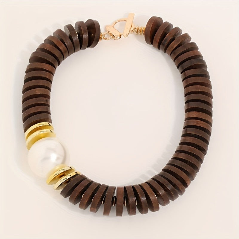 Vintage Faux Pearl Wood Collar Necklace