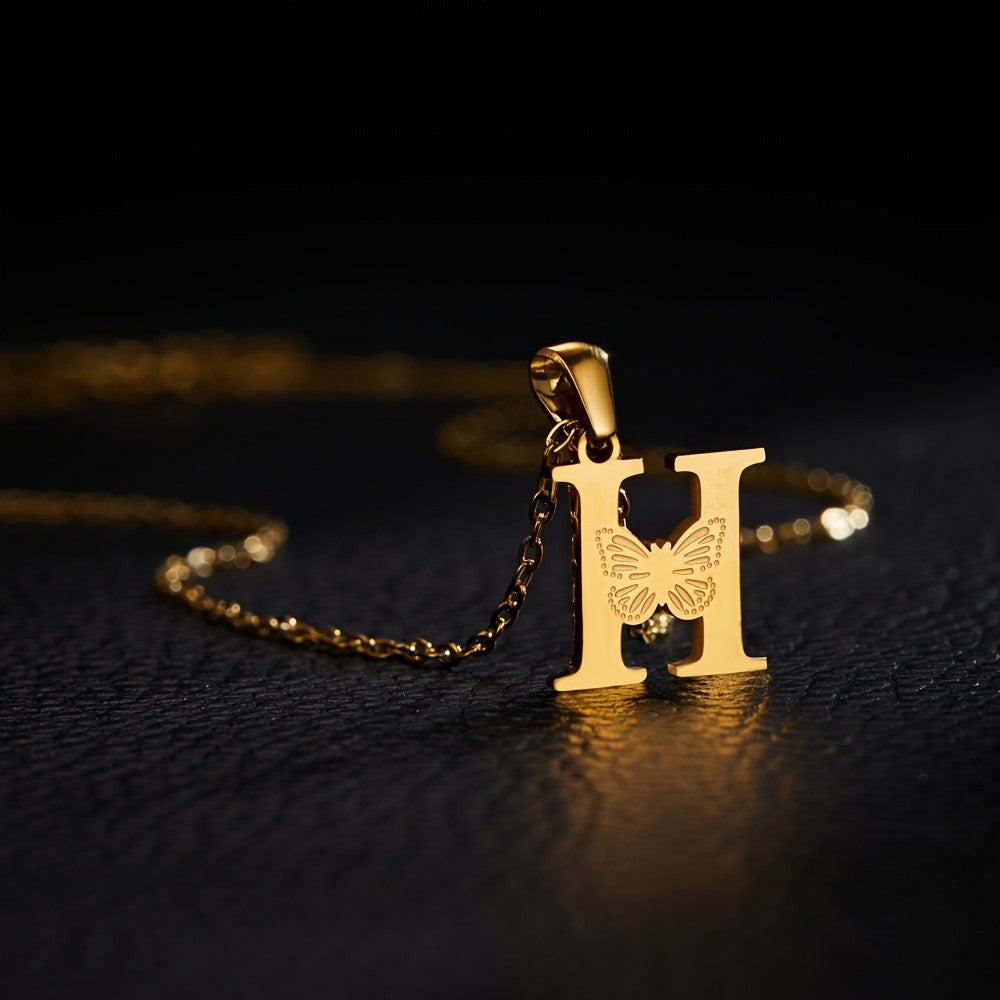 14k Dainty Butterfly Initial Necklace