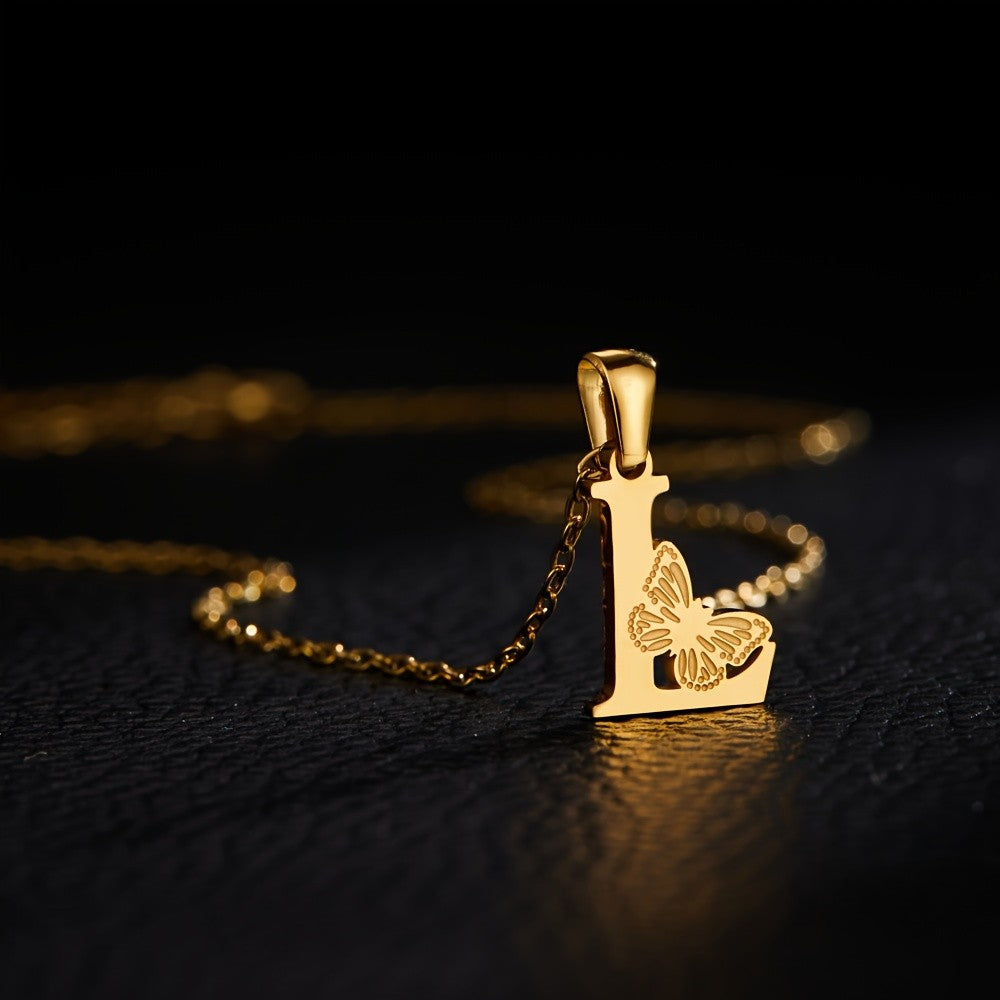 14k Dainty Butterfly Initial Necklace