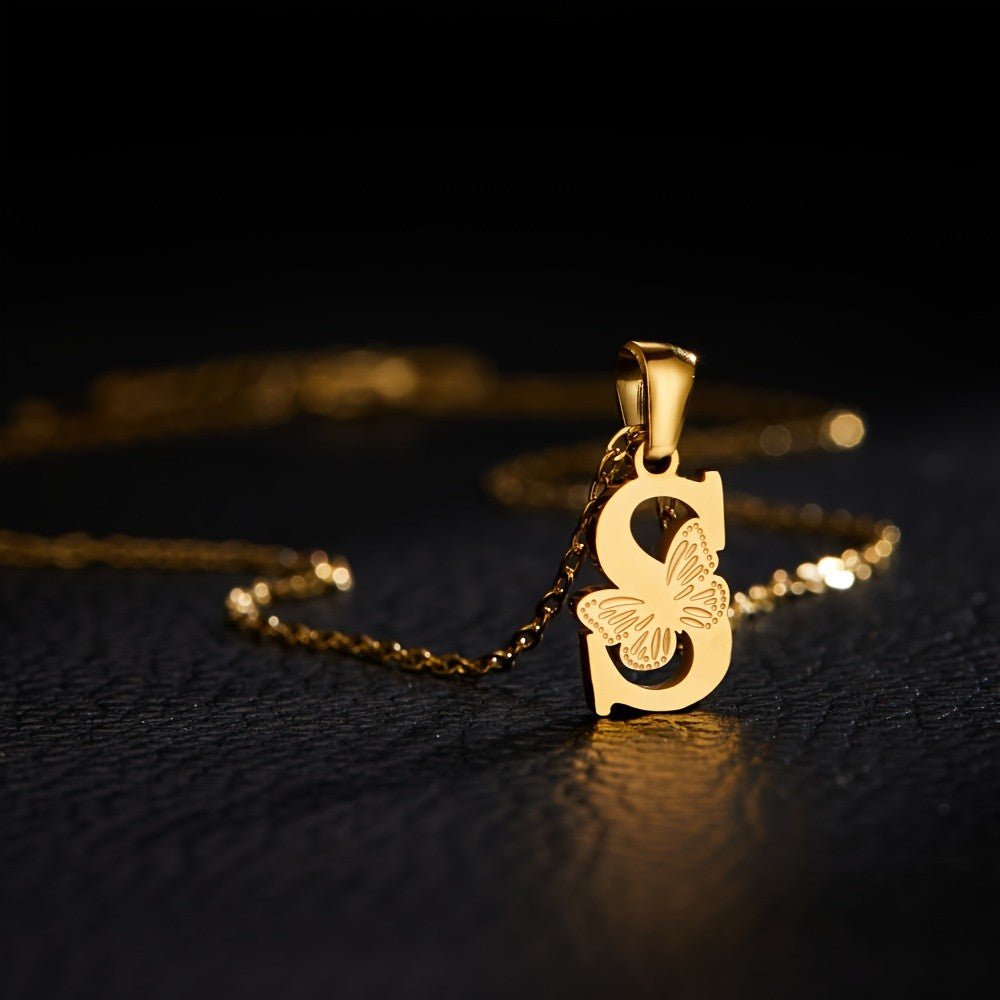 14k Dainty Butterfly Initial Necklace