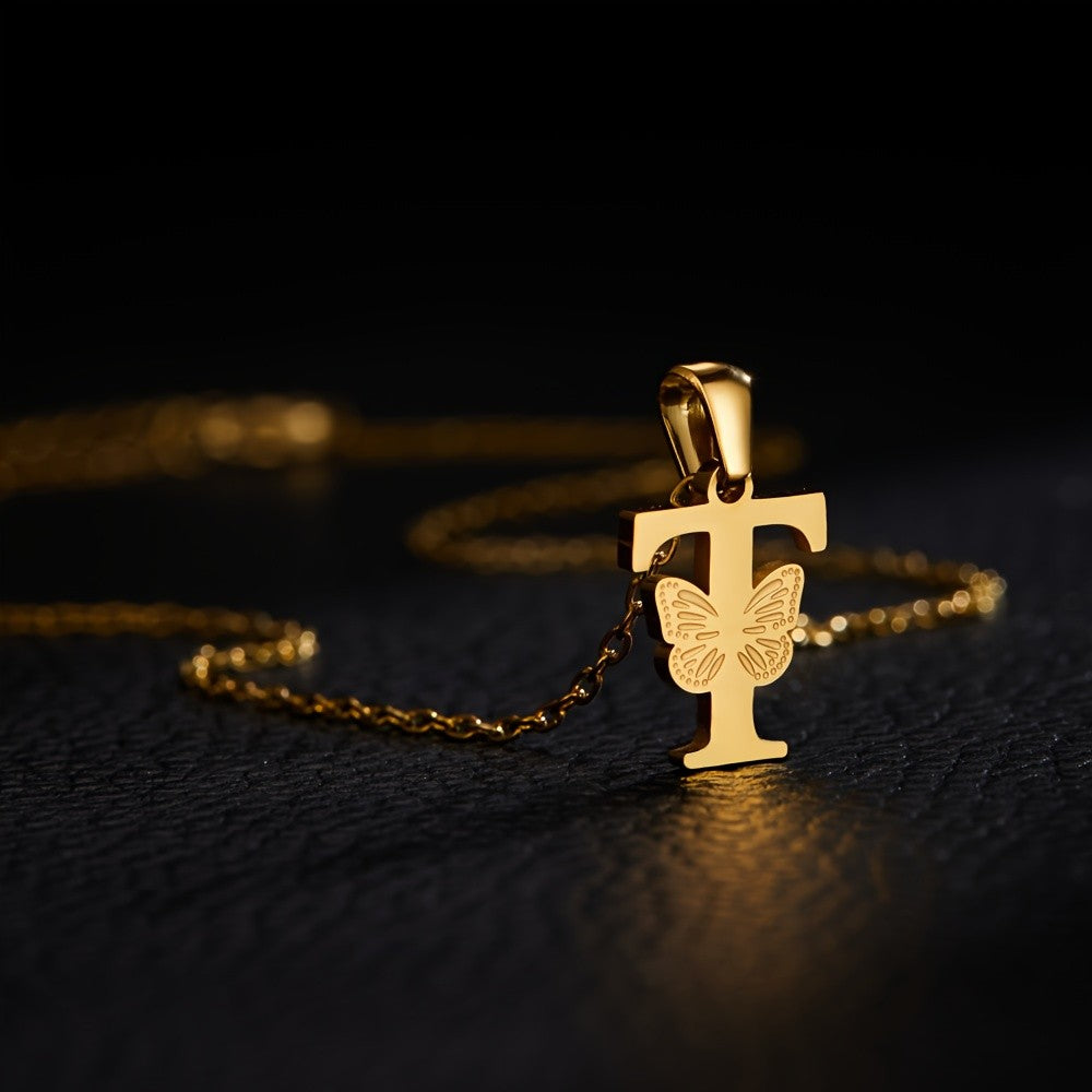 14k Dainty Butterfly Initial Necklace