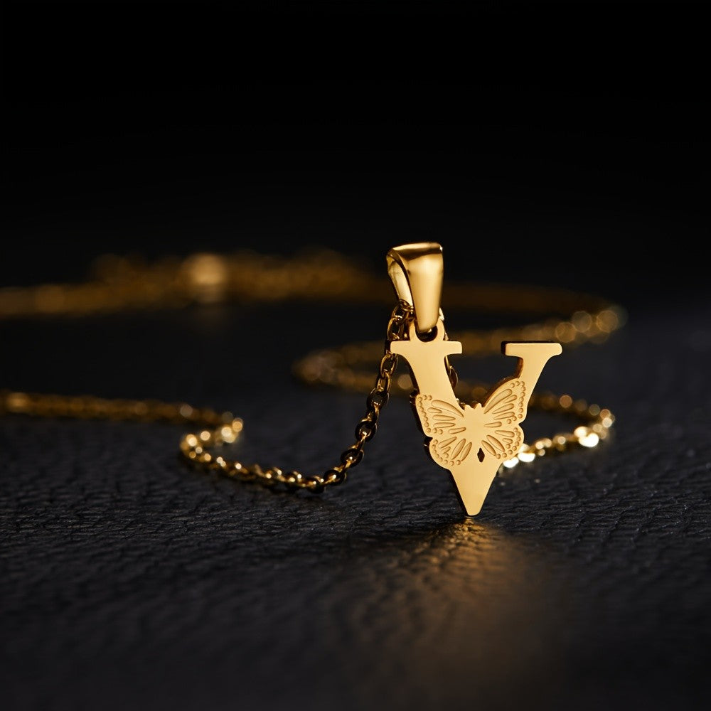 14k Dainty Butterfly Initial Necklace