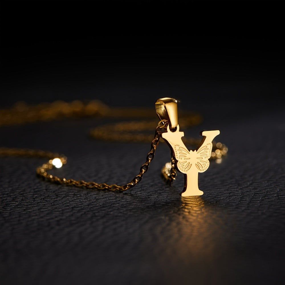 14k Dainty Butterfly Initial Necklace
