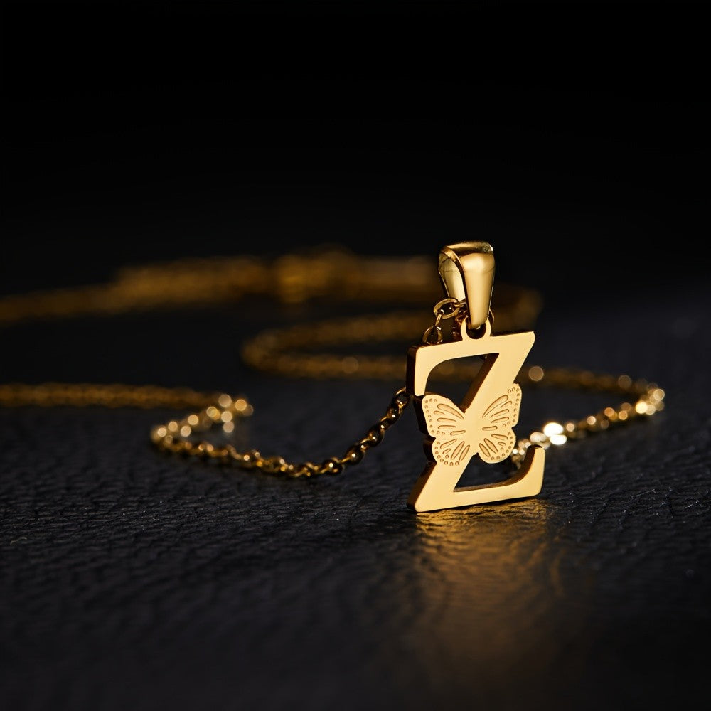 14k Dainty Butterfly Initial Necklace