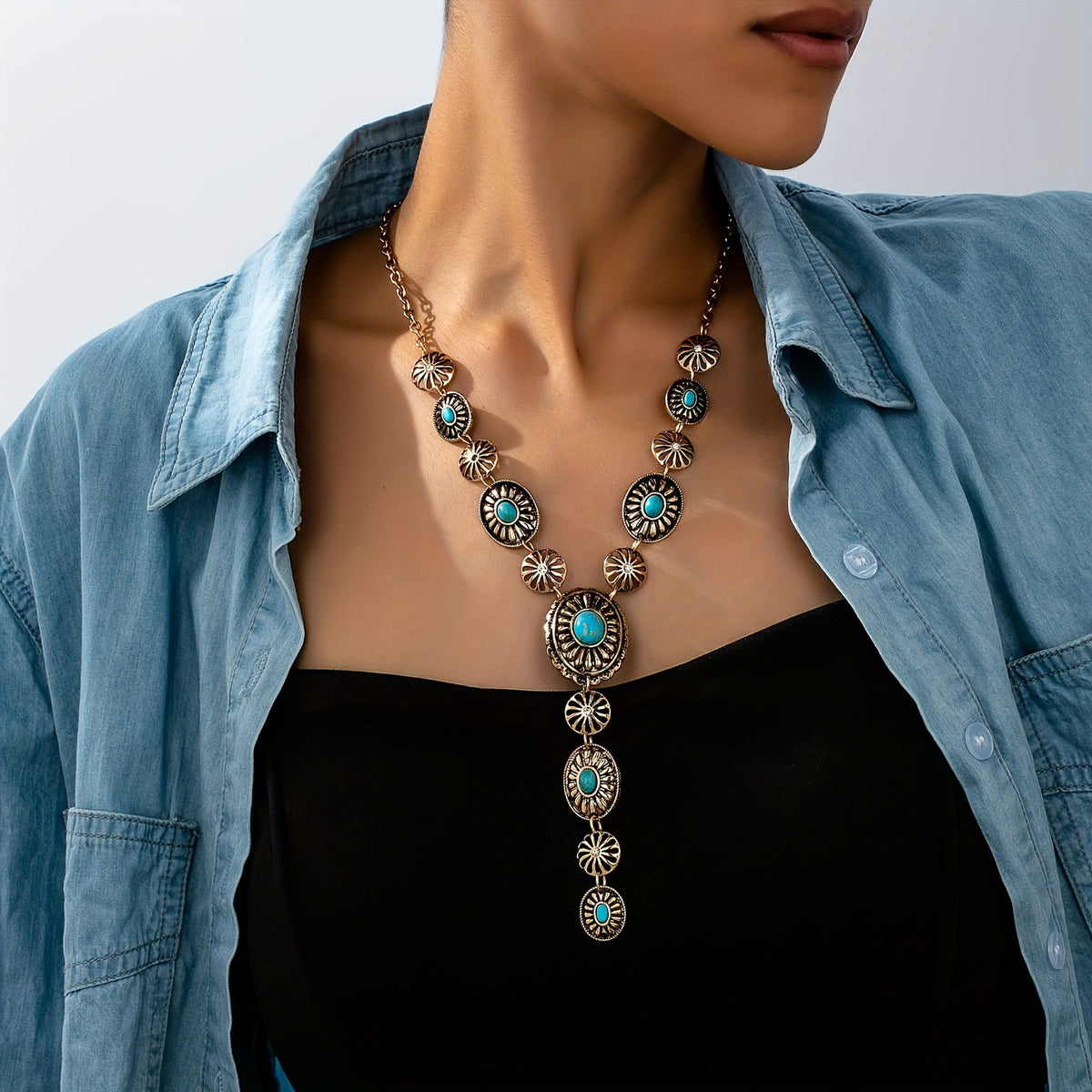 14k Vintage Boho Turquoise Sunburst Y-Necklace