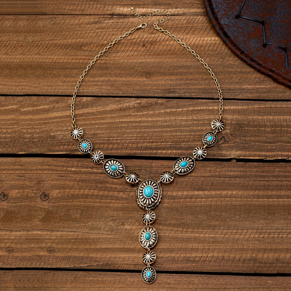 14k Vintage Boho Turquoise Sunburst Y-Necklace