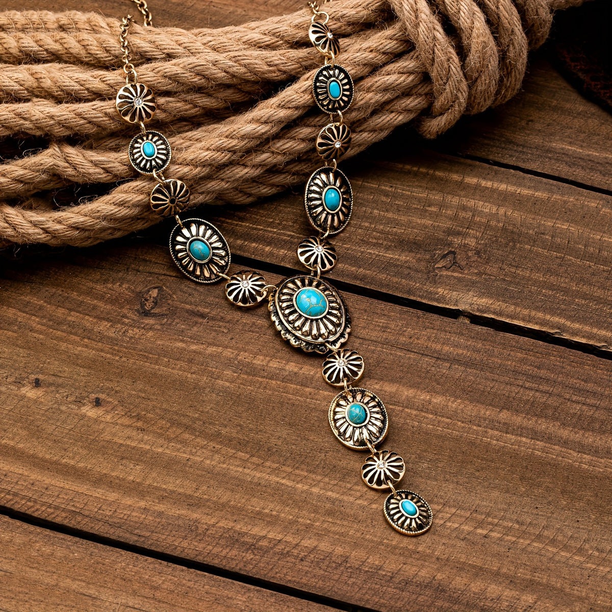 14k Vintage Boho Turquoise Sunburst Y-Necklace