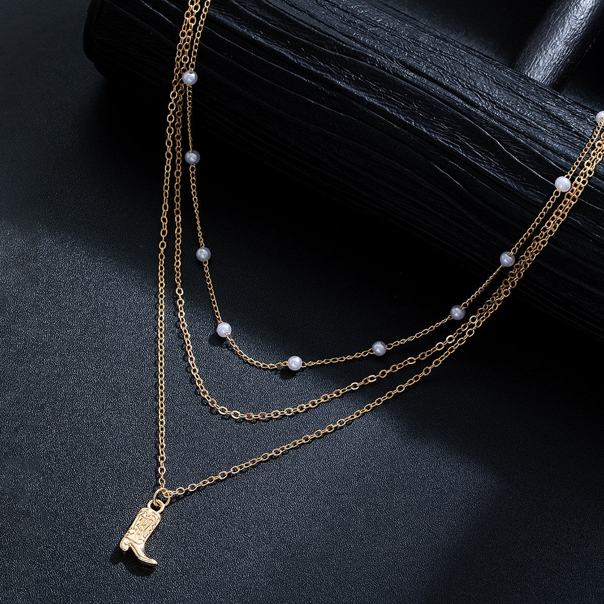 18k Dainty Pearl Layered Cowboy Boot Necklace